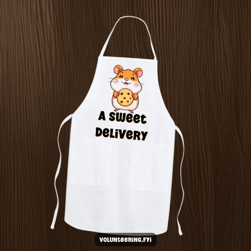Funny hamster apron showing a smiling hamster offering a tiny cookie, perfect for baking and kitchen activities.