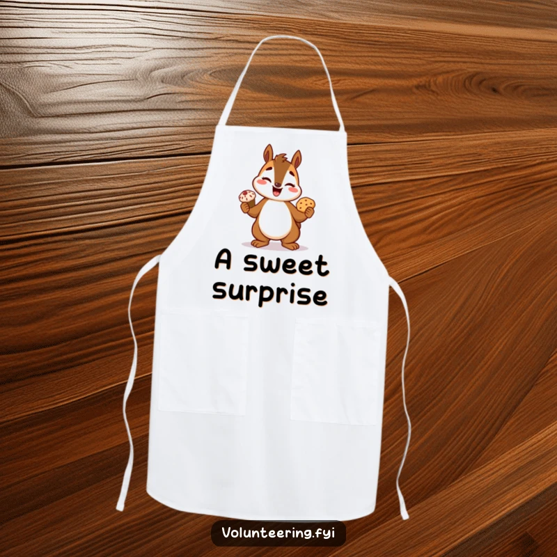 Funny squirrel apron, a giggling cartoon squirrel proudly holding a freshly baked treat, perfect for kitchen adventures.