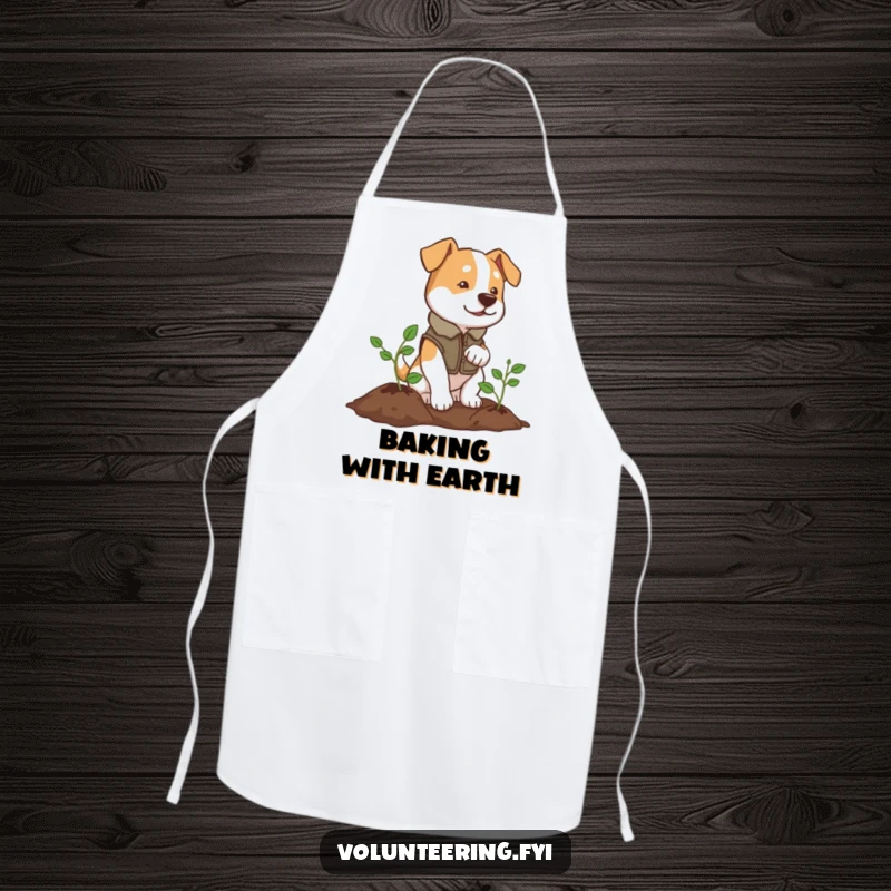 Funny apron with a determined dog wearing a vest, planting a tree, ideal for gardening.