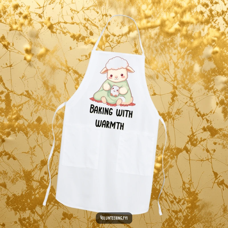 Funny apron with a gentle sheep and a small creature sharing a bright blanket, designed for kitchen use with a humorous and cozy theme.