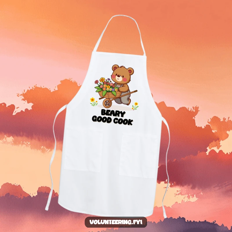 Funny Apron: Determined brown bear in overalls enthusiastically pushes a wheelbarrow filled with colorful flowers, ready for gardening.