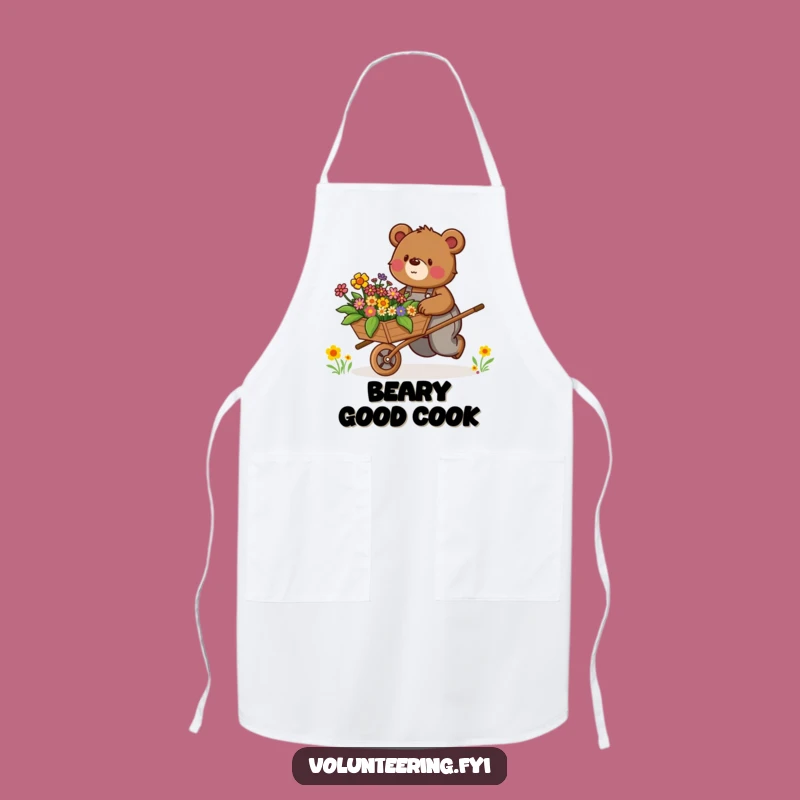 Funny Bear Apron: Determined Bear Pushing Flowers, Garden Fun Funny Gift