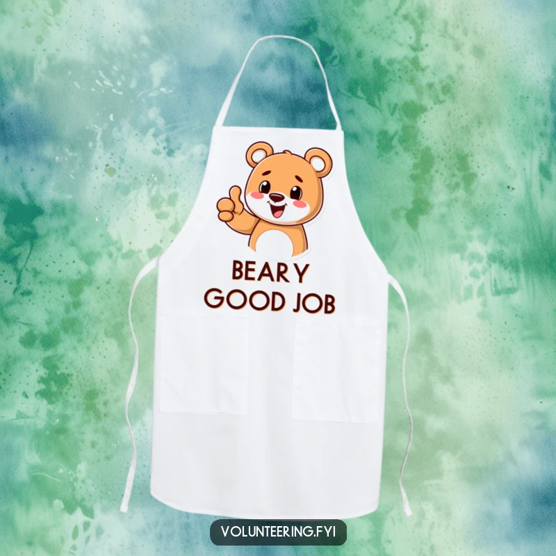 Funny kitchen apron featuring a cheerful cartoon bear giving a thumbs up, ideal for cooking, baking, and spreading positive vibes.
