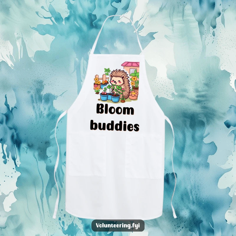 Funny Hedgehog Garden Apron: A cheerful cartoon hedgehog organizing plants in a garden, ready to protect your clothes with a smile.