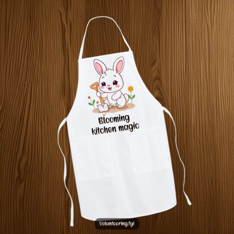 Funny apron showcasing a happy bunny character planting tiny flowers with a smiling shovel, ready for gardening.