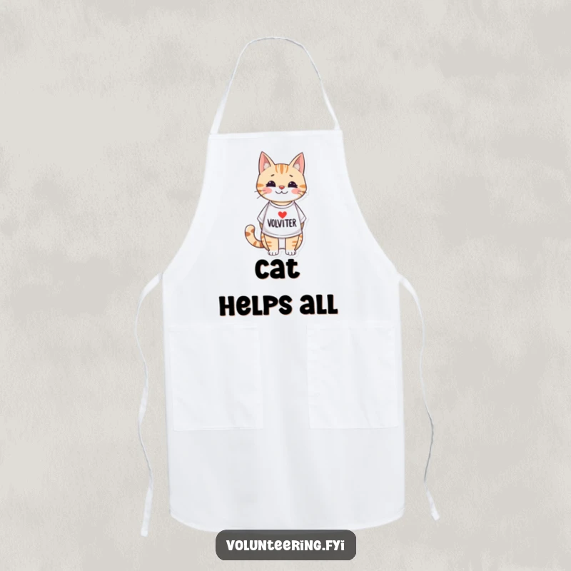 Funny kitchen apron featuring an adorable illustrated cat wearing a volunteer t-shirt, ideal for cooking, baking, and spreading helpfulness.
