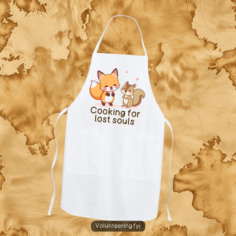 Funny apron featuring a cheerful fox helping a lost squirrel, perfect for humorous kitchen assistance. Great funny gift.