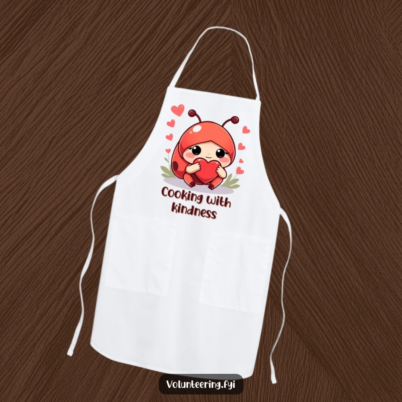 Funny apron with a helpful red ladybug guiding newcomers with its paw, bringing a humorous and compassionate vibe to the kitchen.
