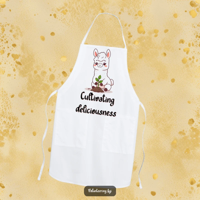 Funny llama apron, a happy llama planting a sapling, perfect for chefs, bakers, and gardeners who love humor and nature.