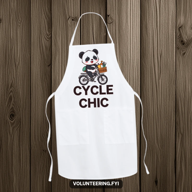 Funny Panda Bike Apron: A cheerful cartoon panda riding a bicycle with supplies, ready to protect your clothes with a smile.