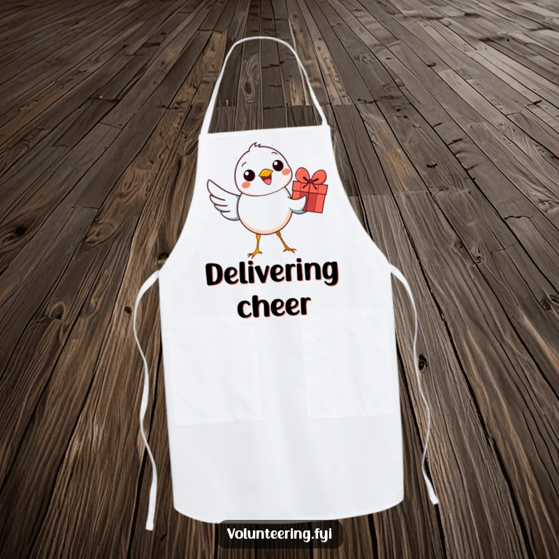 Funny bird apron showing a smiling bird holding a colorful gift, perfect for gift wrapping and party prep.
