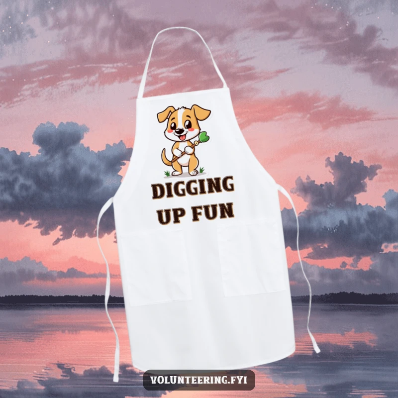 Funny dog apron showing a cheerful dog with a gardening tool, perfect for protecting clothes while gardening.