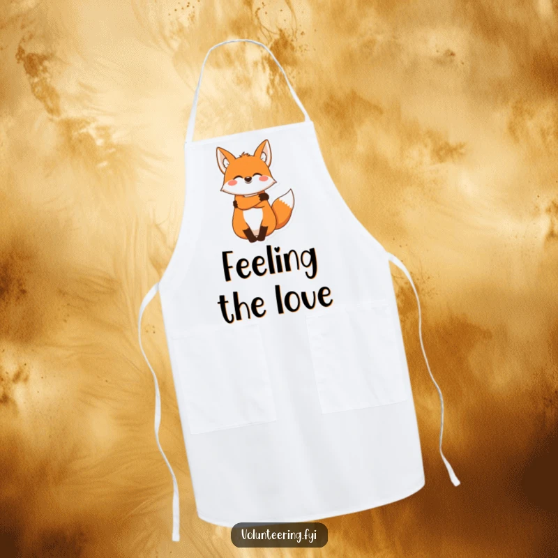 Funny fox apron, a joyous cartoon fox sharing a warm, comforting hug, perfect for kitchen or baking fun.