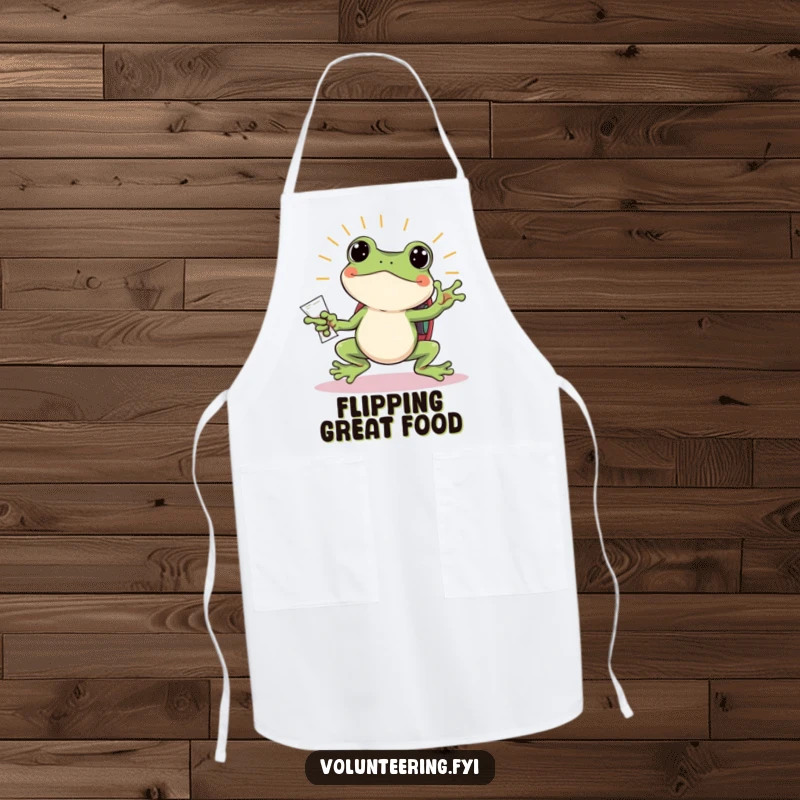 Funny frog apron, a jumping frog with a backpack handing out flyers, a humorous and practical kitchen accessory gift.
