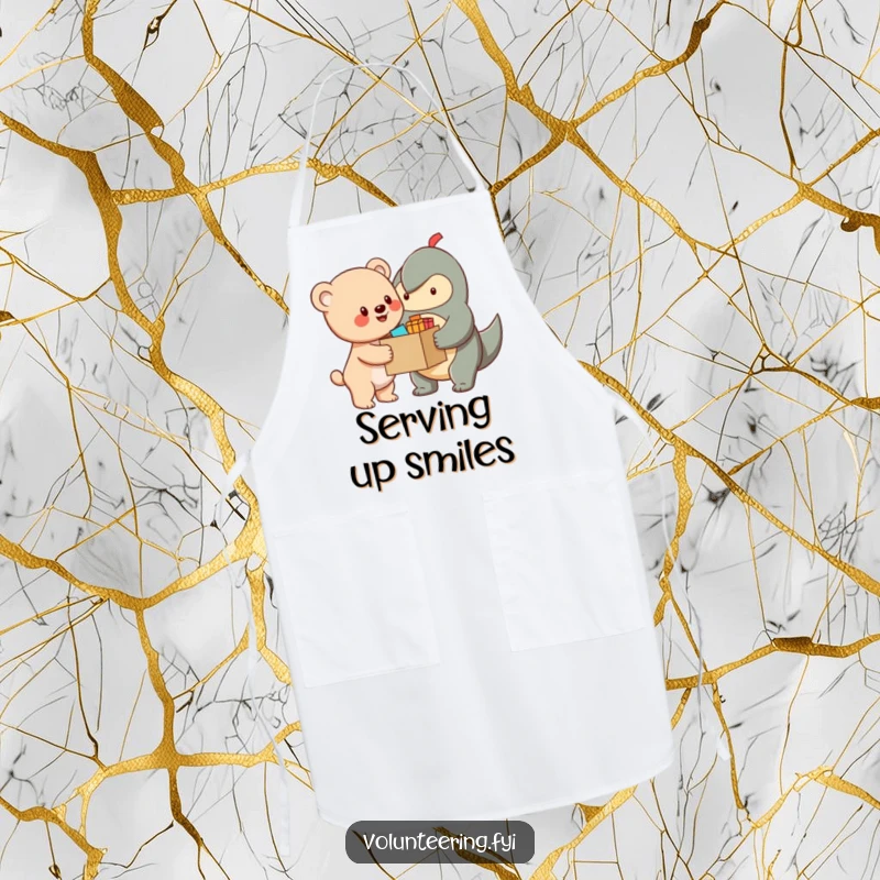 Funny Apron adorned with a cheerful bear cub character handing a box of supplies to another creature, perfect for kitchen or craft use.