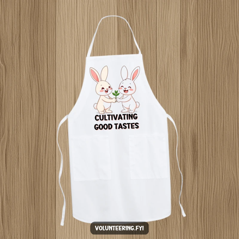 Funny apron showing a happy bunny preparing to plant a seedling, perfect for kitchen or garden.