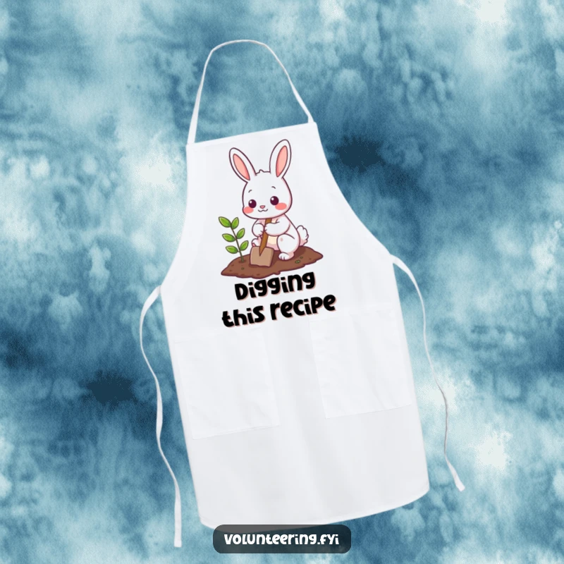 Funny Apron adorned with a cute bunny character planting a small tree, perfect for kitchen or garden use, showing a helpful spirit.