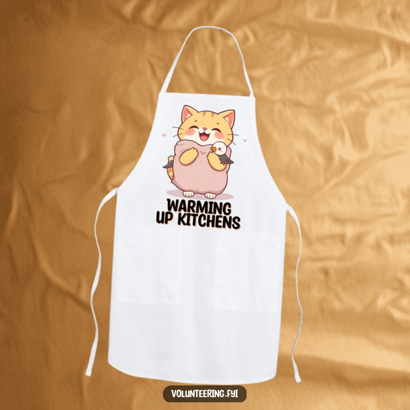 Funny cat apron with a joyful cat offering a warm blanket to a shivering bird, a cute kitchen accessory for kindhearted bakers.