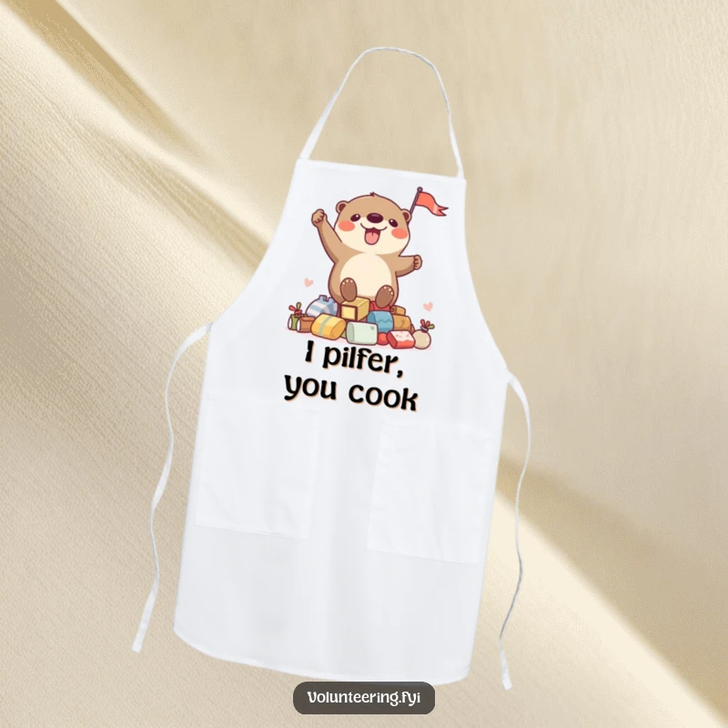 Funny apron featuring an otter waving a flag over goods, ideal for kitchen fun and humorous gifting.