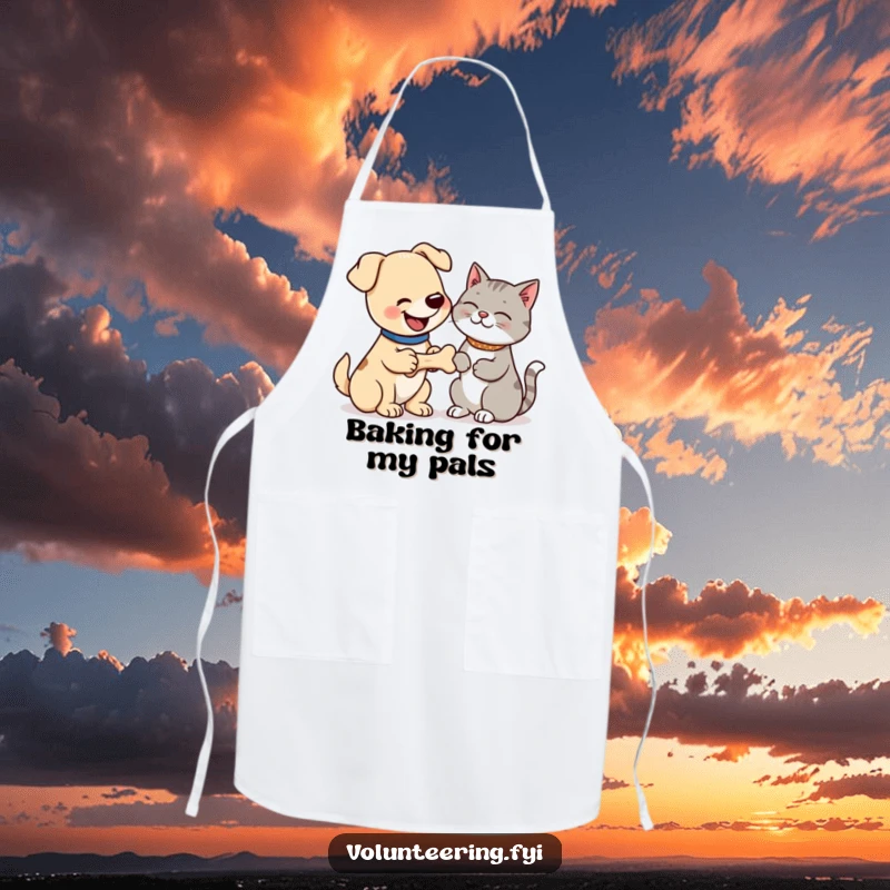 Funny apron with a happy dog sharing a bone with a grateful cat, illustrating a humorous and sweet animal moment while cooking. Great funny gift.