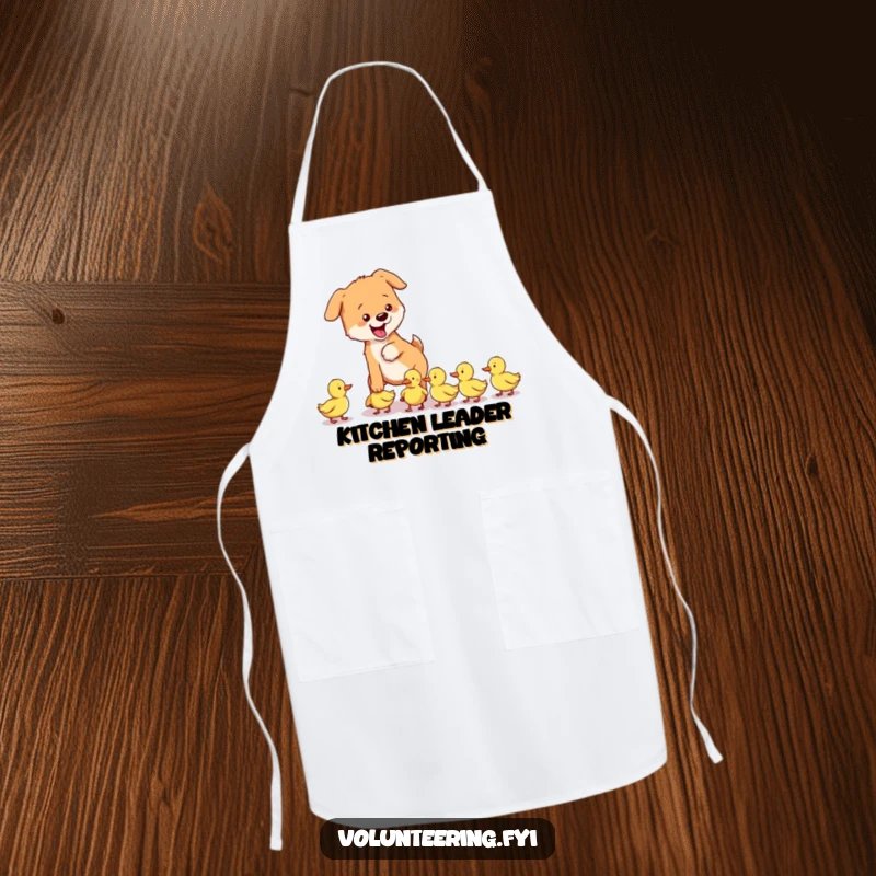 Funny dog apron with a playful dog gently guiding a group of lost ducklings, a cute kitchen accessory for dog lovers.