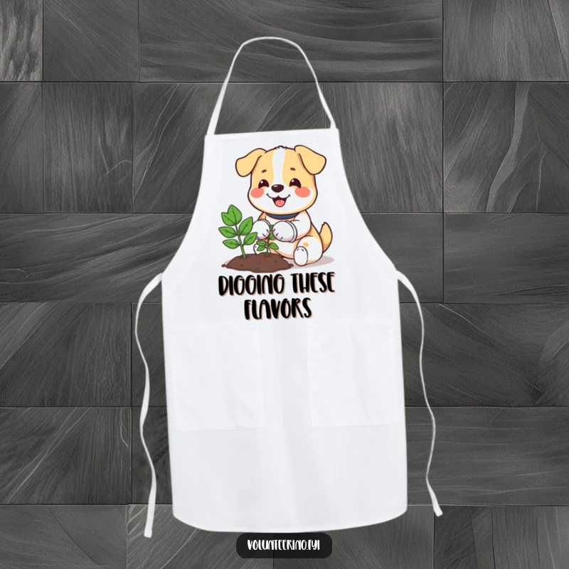 Funny apron showing a happy dog wearing gloves, planting a small tree, perfect for gardening or kitchen duties.