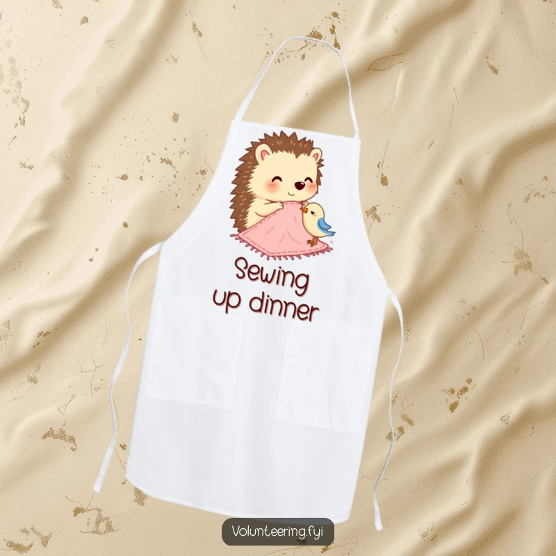 Funny apron with a happy hedgehog stitching a small blanket for a bird, perfect for crafting or kitchen tasks.