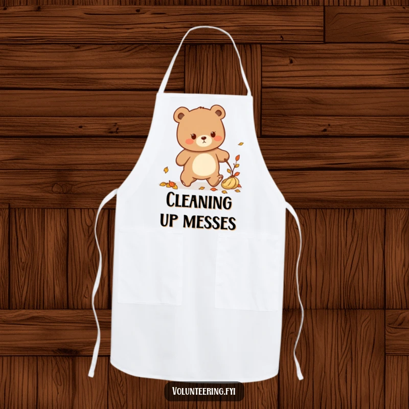 Funny Kawaii bear tidying up fallen leaves, cute apron for cleaners.