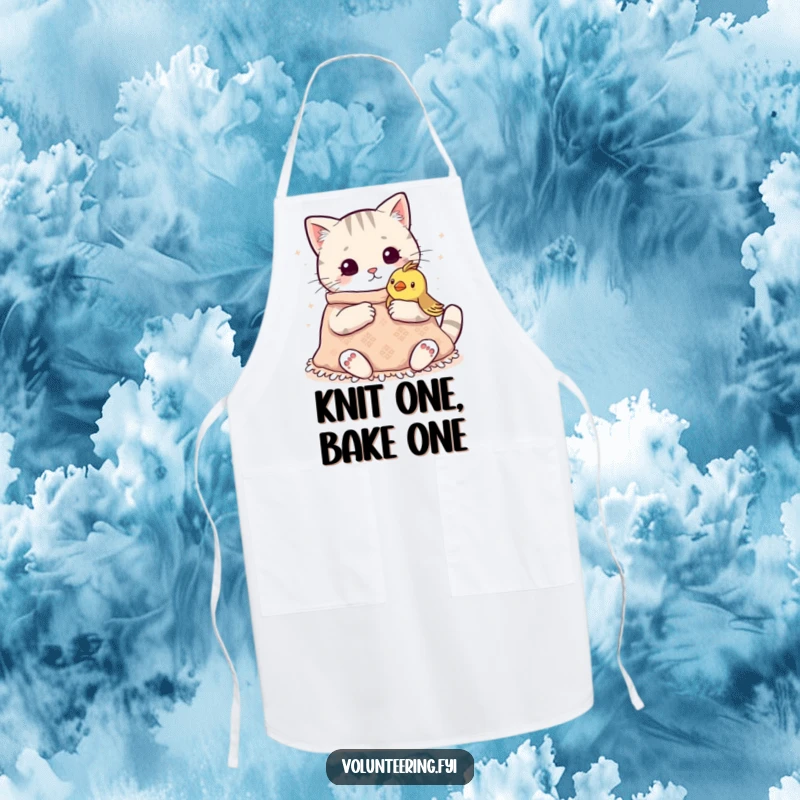 Funny Kawaii Cat Knitting Apron: Cute apron for cooks and crafters, showing a cat knitting a blanket, adding humor to the kitchen.