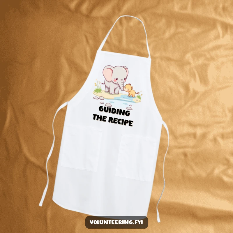 Funny kawaii elephant apron, adorable design of an elephant guiding a smaller animal across a stream, perfect for kitchen activities.