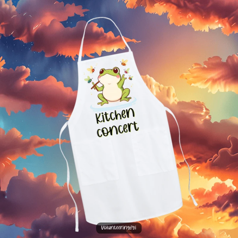 Funny Kawaii Frog Conductor Apron: Cute apron showing a frog leading an insect orchestra, ideal for musical chefs and a humorous touch.