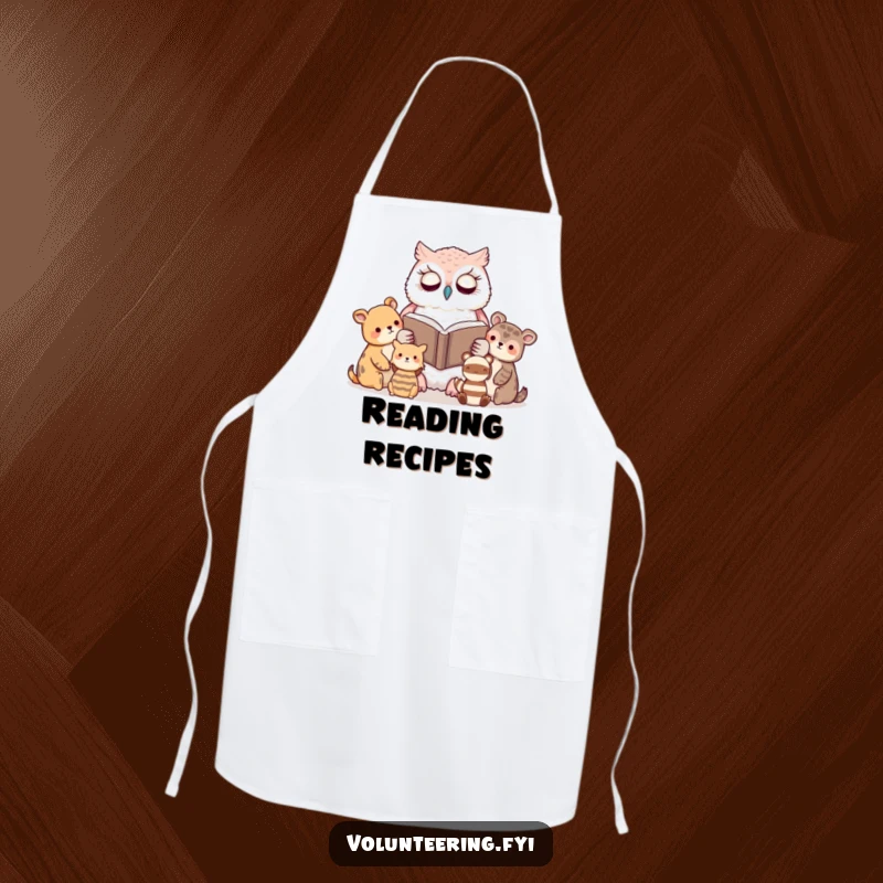 Funny apron featuring a kawaii owl serenely reading a book to attentive animal friends, for a wise and fun cooking experience.