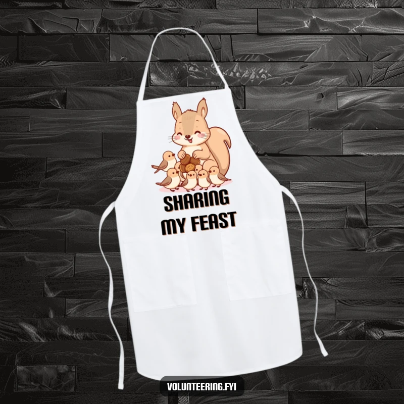 Funny kawaii squirrel apron, featuring a cute squirrel sharing nuts with smaller birds, perfect for kitchen activities and spreading joy.