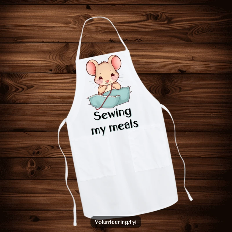 Funny mouse apron, a busy character sewing a patch on fabric with a tiny needle and thread, a humorous and practical kitchen gift.