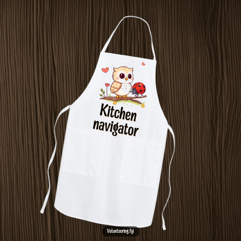 Funny apron featuring an owl helping a ladybug, ideal for keeping clothes clean with a touch of gentle humor.