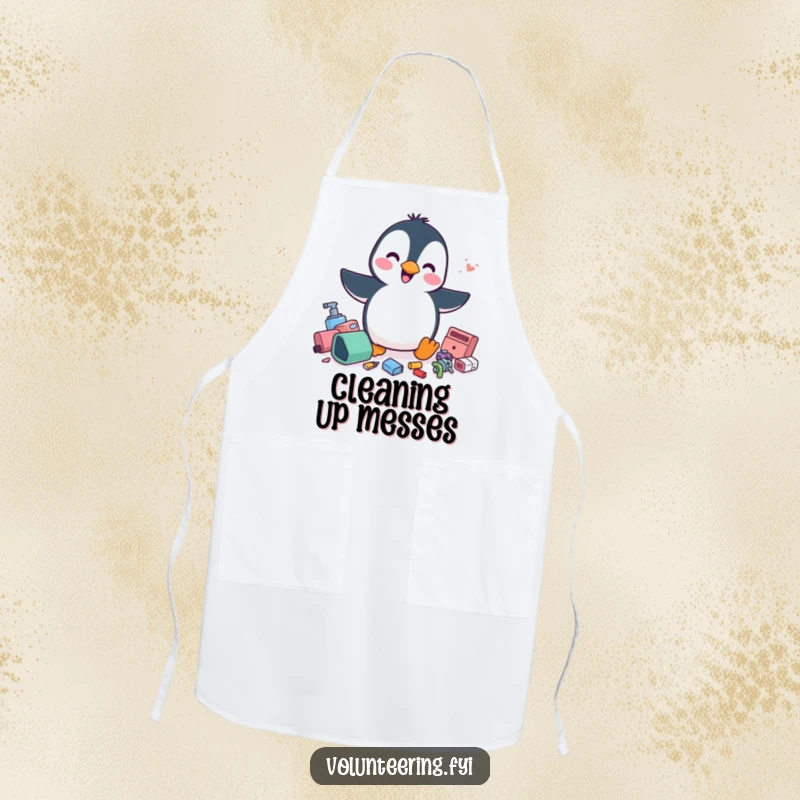 Funny penguin apron, a cheerful penguin energetically tidying scattered items, a humorous and practical kitchen accessory gift.