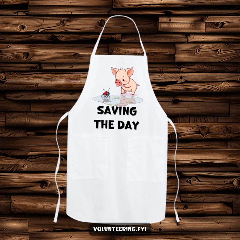 Funny piglet apron showing a determined piglet helping a ladybug cross a puddle, a cute kitchen accessory for kindhearted cooks.