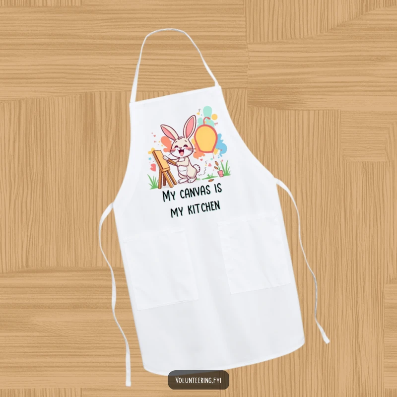 Funny apron with an excited rabbit painting a mural on a community wall, great for artists or chefs.