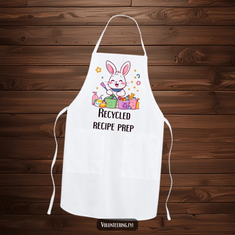 Funny Rabbit Recycling Apron: A happy rabbit energetically sorts colorful recyclables, perfect for a fun and eco-conscious cook.