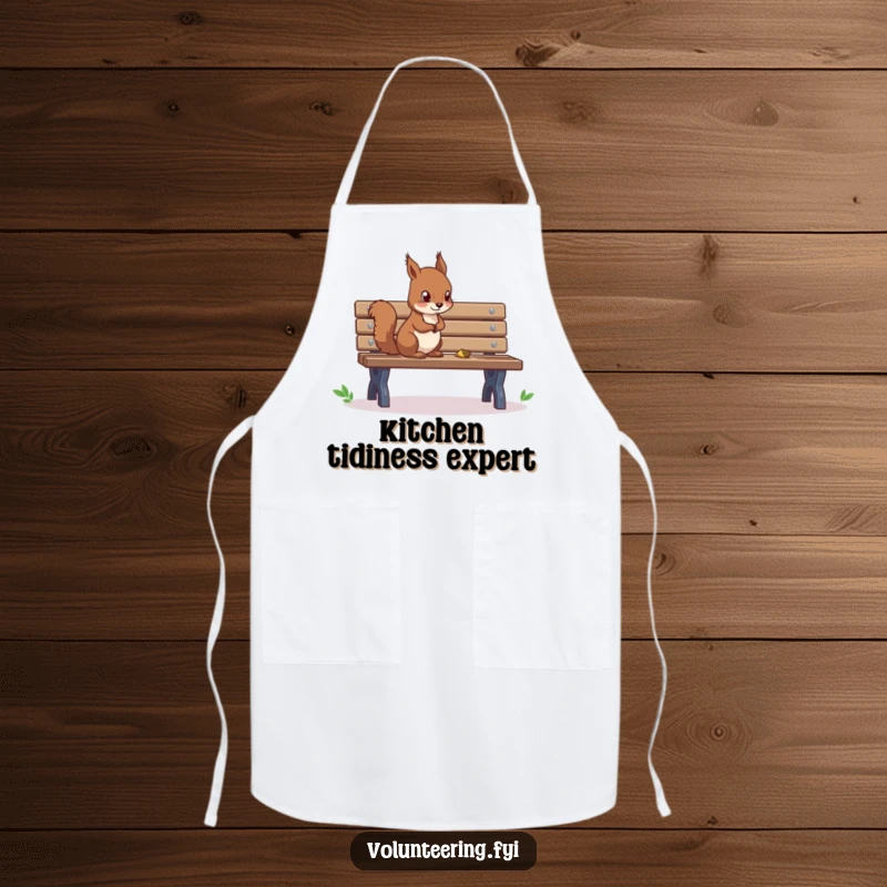 Funny apron with a focused squirrel cleaning a park bench, perfect for kitchen tasks or general cleaning.