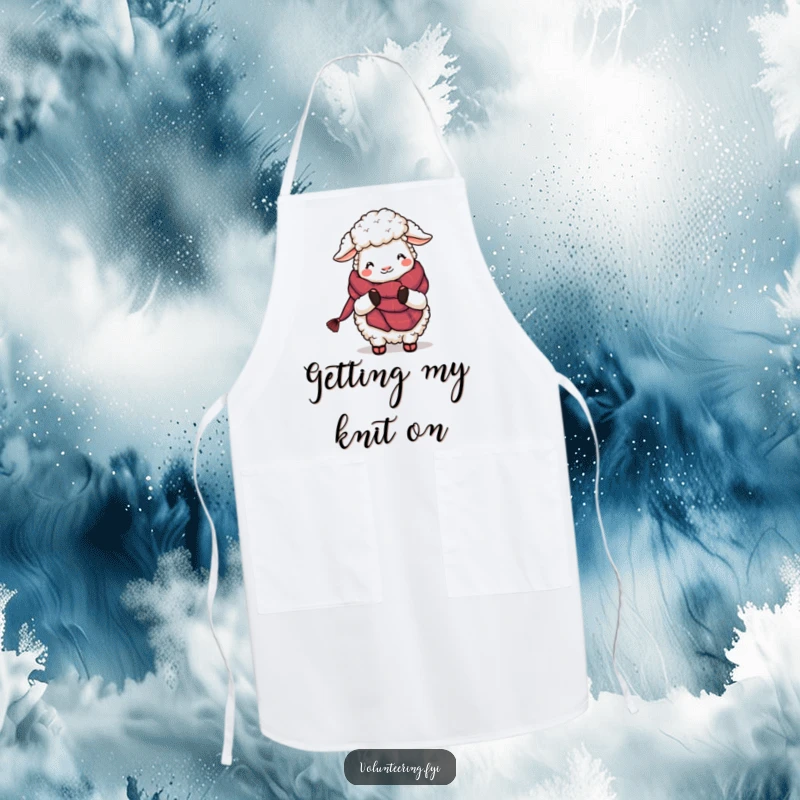 Funny Sheep Knitting Apron: A cheerful cartoon sheep busy knitting a warm scarf, ready to protect your clothes with style and humor.