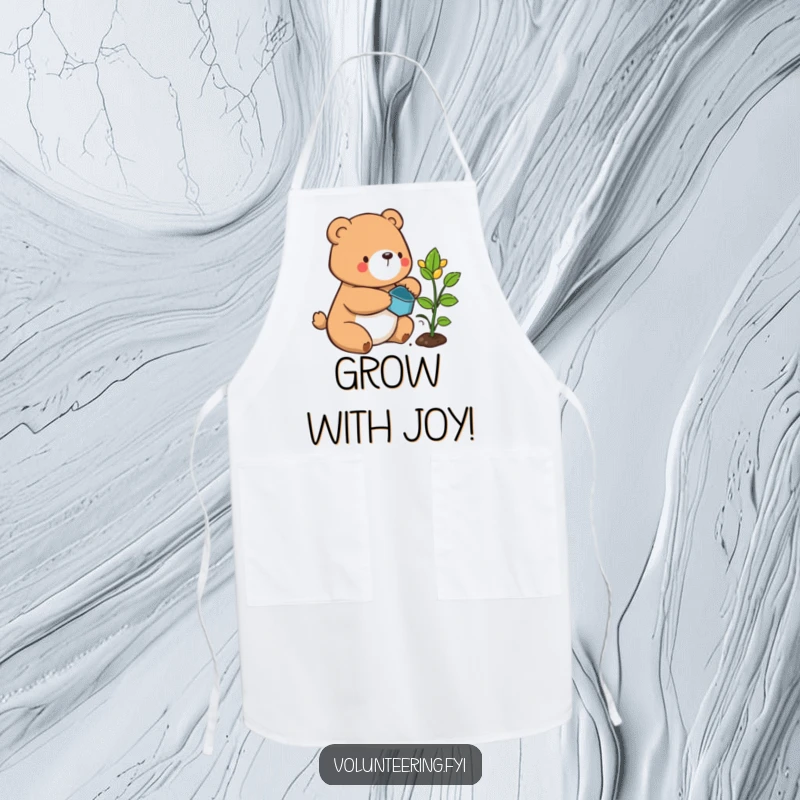 Funny bear apron, a contented cartoon bear carefully watering a sprouting plant, perfect for garden or kitchen activities.