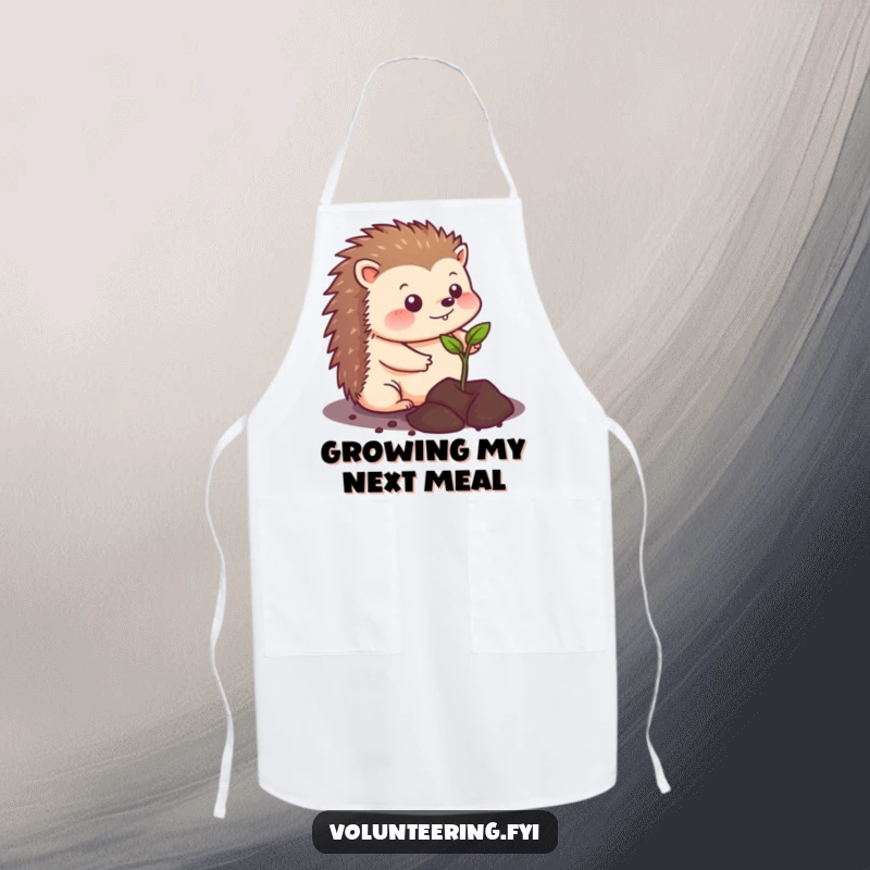 Funny kawaii hedgehog apron, featuring a cute animal planting a seedling, perfect for kitchen use or gardening activities, adding a humorous touch.