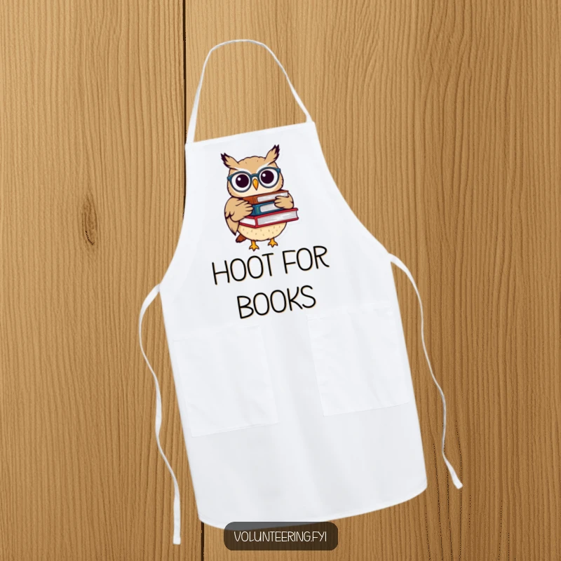 Funny kitchen apron featuring a whimsical owl with spectacles carrying books, ideal for cooking, baking, and sharing a love for knowledge.