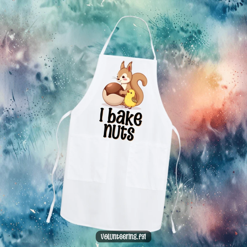Funny apron showing a squirrel sharing a nut with a bird, great for kitchen fun and gifting.