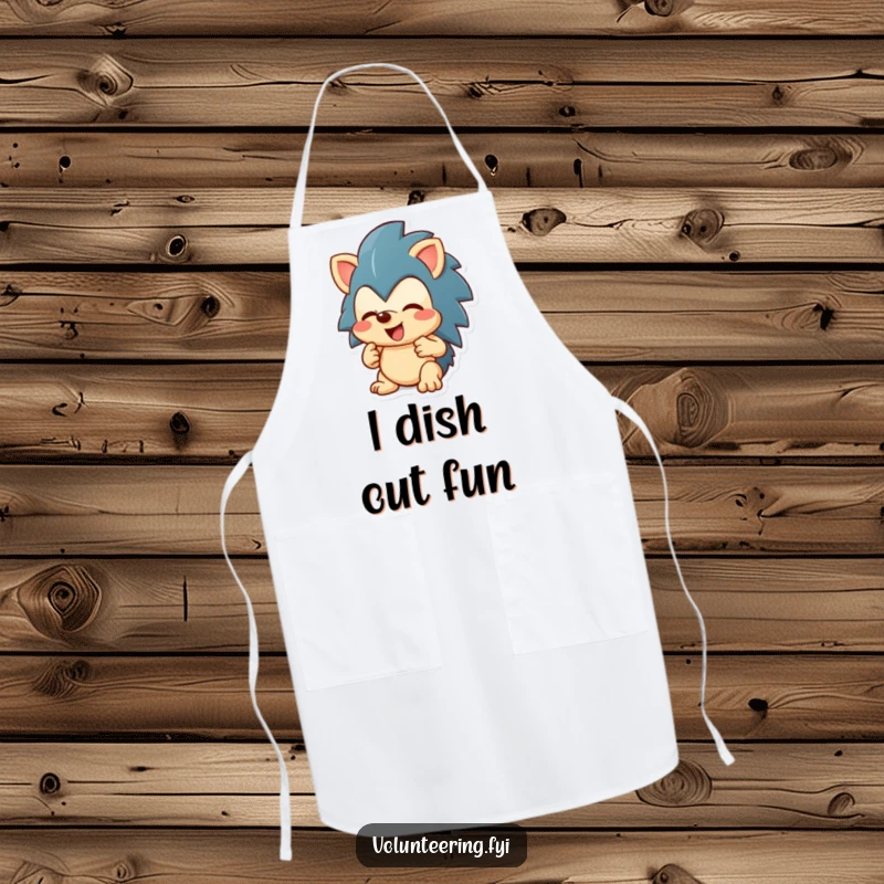 Funny enthusiastic hedgehog character sharing a toy on a kitchen apron, great funny gift.