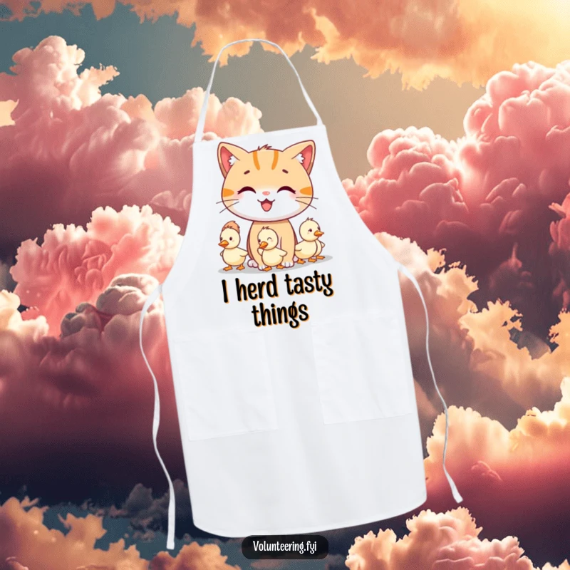 Funny smiling cat character guiding lost little ducklings on a kitchen apron, great funny gift.