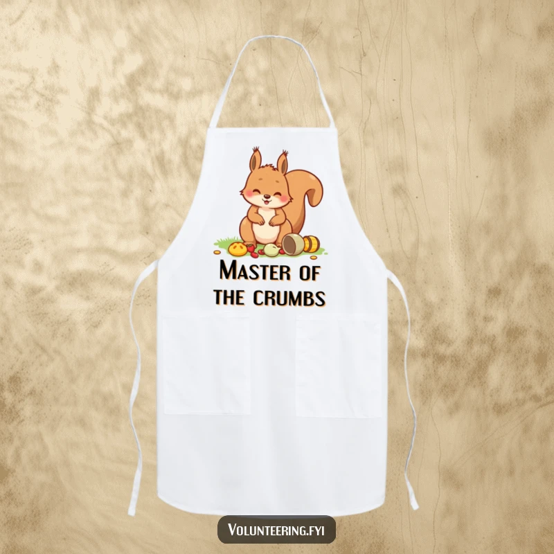 Funny Squirrel Picnic Apron showing a playful squirrel tidying picnic items with a smile, ideal for kitchen activities and protection.