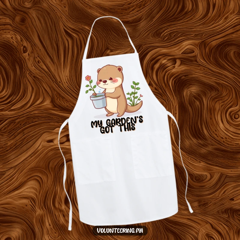 Funny otter apron depicting a cute otter with a watering can, ideal for gardening and cooking with a humorous flair.