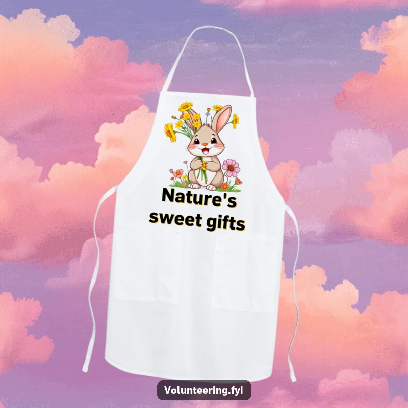 Funny rabbit apron, a delighted cartoon rabbit holding a bunch of bright wildflowers, perfect for kitchen or garden fun.